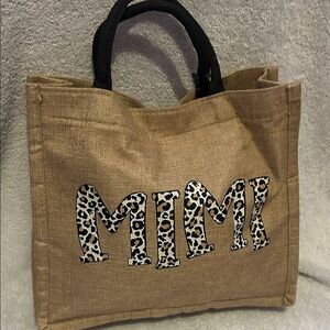 Neutral Jute Tote Bag with Leopard 'MIMI' Print and Black Handles